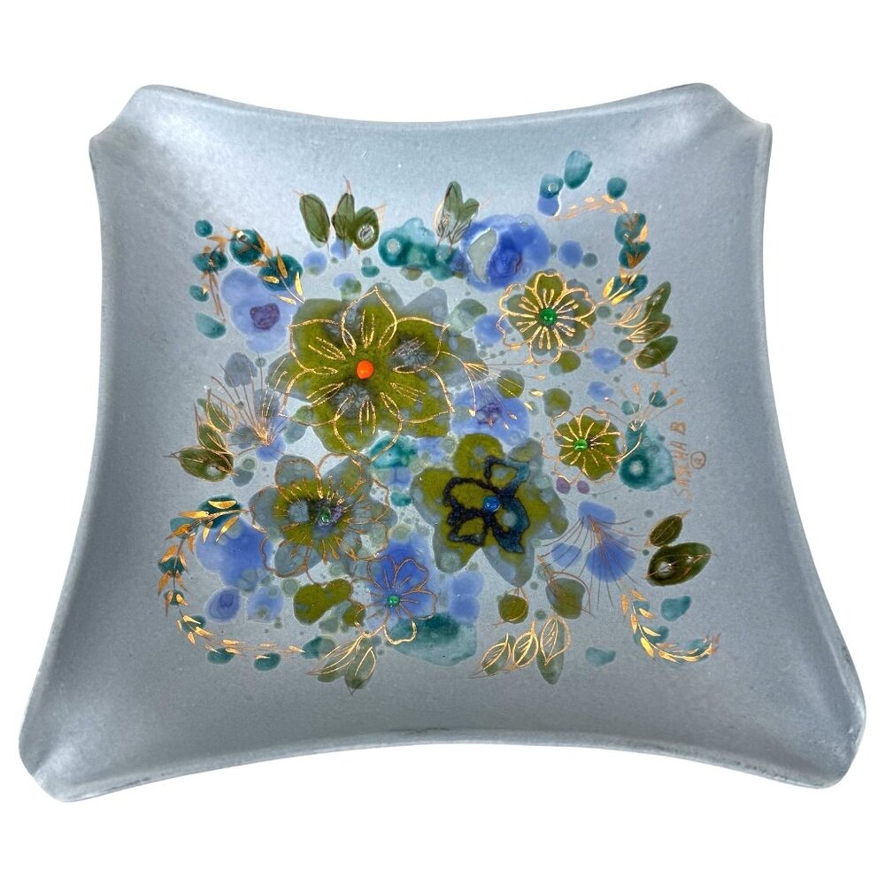 VTG Sascha Brastoff Ashtray Signed Blue Hand Painted Floral MCM Ceramic Pottery